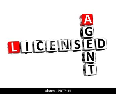 3D Rendering Crossword Licensed Agent Word Over White Background. Stock Photo