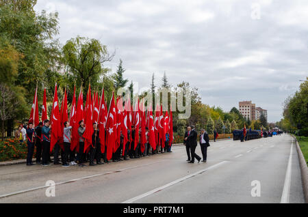 Eskisehir, TURKEY-October 29,2017: Celebration of the 94th Anniversary of the Republic Day. The flags and pennants of the high schools and the militar Stock Photo