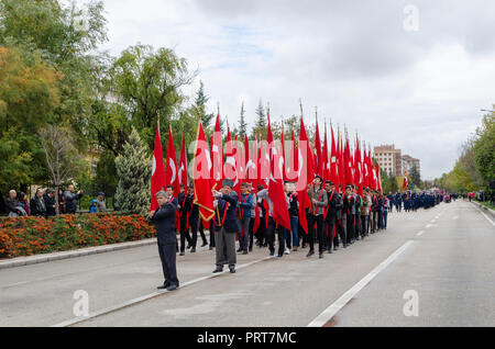 Eskisehir, TURKEY-October 29,2017: Celebration of the 94th Anniversary of the Republic Day. The flags and pennants of the high schools and the militar Stock Photo