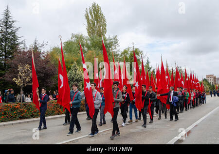 Eskisehir, TURKEY-October 29,2017: Celebration of the 94th Anniversary of the Republic Day. The flags and pennants of the high schools and the militar Stock Photo