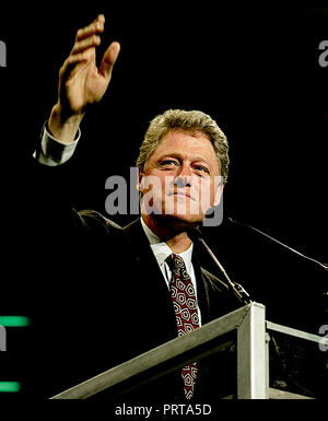 East Rutherford, New Jersey, USA, November 1, 1992 Clinton/ Gore Campaign rally at the Meadowlands. Arkansas Governor  William Clinton the Democratic Presidential candidate addresses rally in the Brendan Byrne arena. Credit: Mark Reinstein/MediaPunch Stock Photo