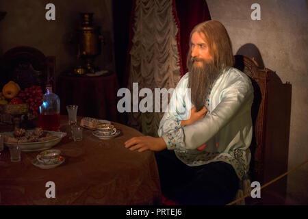 SAINT PETERSBURG, RUSSIA - AUGUST 22, 2017: Wax figures Rasputin in the exhibition 'how to kill Rasputin' in the basement of the Yusupov Palace on the Stock Photo