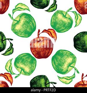 Green apples seamless pattern on white background. Vector illustration. Stock Vector