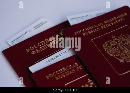 Moscow, Russia - 05 10 2018: russian passports and a boarding pass Stock Photo