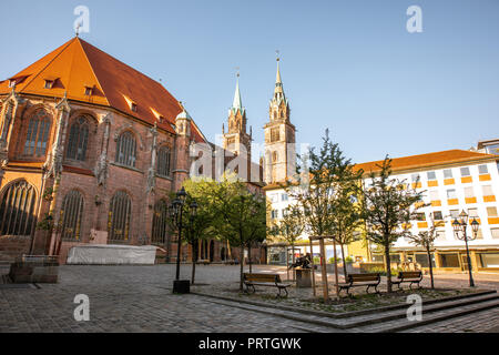 Morning view on the saint Lorenz cathedral in the old town of Nurnberg, Germany Stock Photo