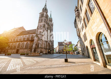 Morning view on the saint Lorenz cathedral in the old town of Nurnberg, Germany Stock Photo