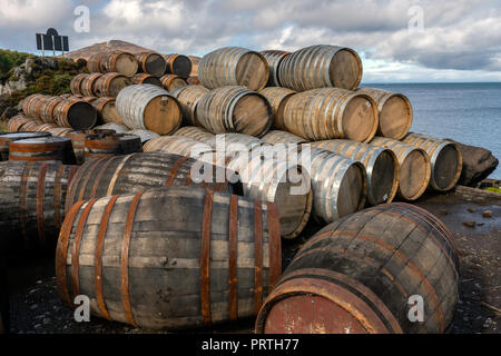Sherry Casks outside The Bunnahabhain Distillery near Port Askaig on The Hebridean Isle of Islay Stock Photo