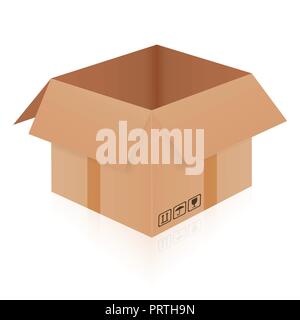 Realistic illustration of a blank open cardboard box with traffic symbols and adhesive tape, isolated on white background - vector with reflections Stock Vector