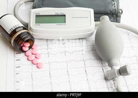 Equipment for blood pressure with pink pills on cardiogram with copy space Stock Photo