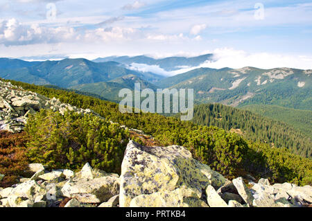 Beautiful landscape of the Carpathian mountains in autumn. Day. Large stones against the hill covered with pine forest, creeping pine and fluffy white Stock Photo