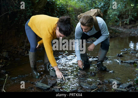 Hiker couple walking in stream Stock Photo