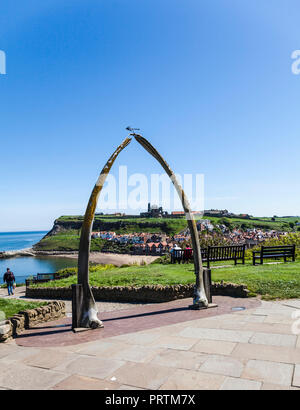 A view of the abbey through the whale bone arch at Whitby,North Yorkshire,England,UK Stock Photo