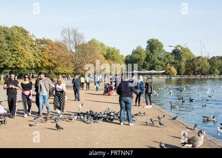 People feeding the ducks and enjoying the sun on the banks of the Serpentine in London's Hyde Park, London, England, UK Stock Photo