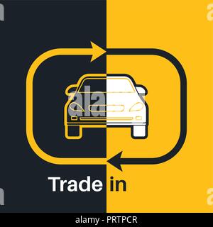 Two halves of the car with an exchange arrow index on a yellow and black background. Concept get prettier transactions it is made with the vehicle. A  Stock Vector