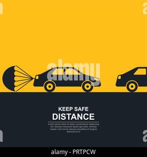 The parachute attached to the car, symbolizing about increase in a distance between vehicles. The concept of safety and fail-safety on roads, observan Stock Vector