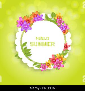 Hi summer. A bright background with flowers lilies. Poster, invitation, banner. Vector illustration. Stock Vector