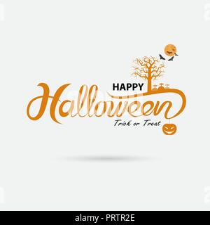 Full moon & Big tree with Halloween banner calligraphy.Halloween trick or treat party celebration.Halloween Background.Happy Halloween vector letterin Stock Vector