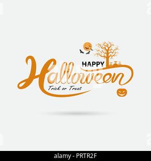 Full moon & Big tree with Halloween banner calligraphy.Halloween trick or treat party celebration.Halloween Background.Happy Halloween vector letterin Stock Vector