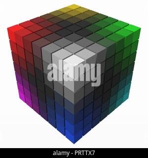 small cubes makes color gradient in shape of big cube. black version. 3d style vector illustration. Stock Vector