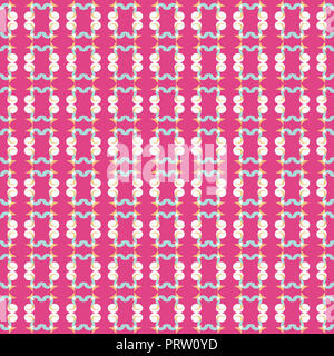 Seamless pattern of geometric shapes in white, blue and brown colors on dark pink background. Use as wallpaper, gift wrap paper, tile print, etc. Stock Photo