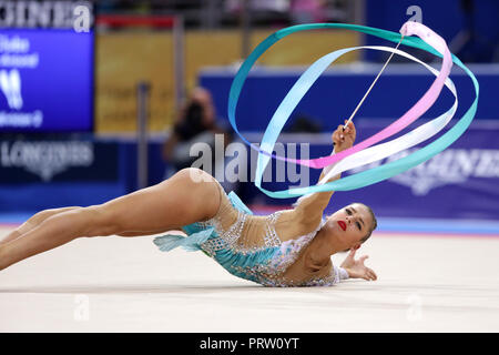 Sofia, Bulgaria - 14 September, 2018: Aleksandra SOLDATOVA froom Russia performs with ribbon during The 2018 Rhythmic Gymnastics World Championships.  Stock Photo