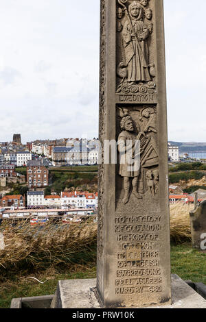 Caedmon's Cross - a late Victorian Celtic Cross, in churchyard of St Mary's. In Whitby Stock Photo
