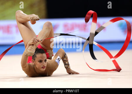 Sofia, Bulgaria - 14 September, 2018: Linoy ASHRAM from Israel performs with ribbon during The 2018 Rhythmic Gymnastics World Championships. Individua Stock Photo