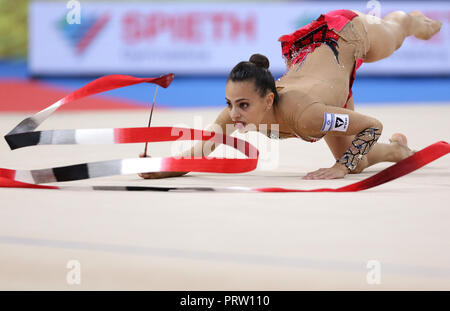 Sofia, Bulgaria - 14 September, 2018: Linoy ASHRAM from Israel performs with ribbon during The 2018 Rhythmic Gymnastics World Championships. Individua Stock Photo