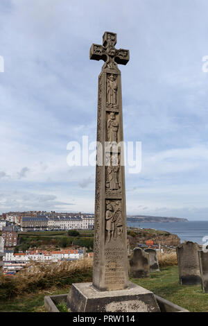 Caedmon's Cross - a late Victorian Celtic Cross, in churchyard of St Mary's. In Whitby Stock Photo