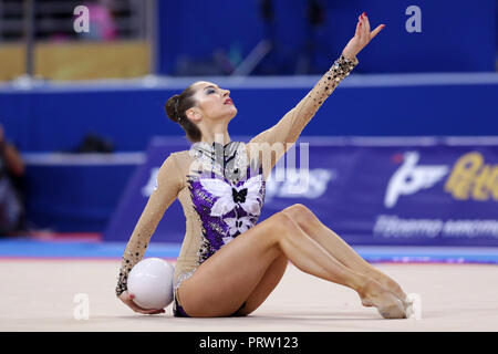Sofia, Bulgaria - 14 September, 2018: Katsiaryna HALKINA from Belarus performs with ball during The 2018 Rhythmic Gymnastics World Championships. Indi Stock Photo