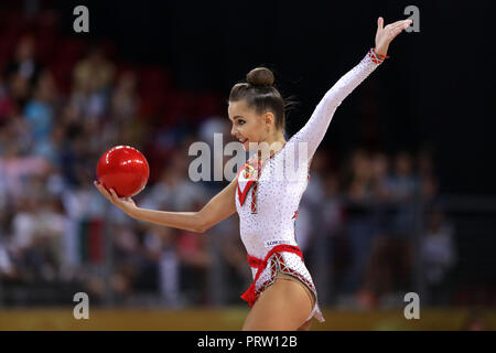Sofia, Bulgaria - 14 September, 2018: Dina AVERINA from Russia performs with ball during The 2018 Rhythmic Gymnastics World Championships. Individual  Stock Photo