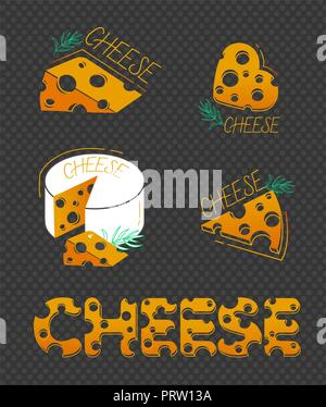 Slices of cheese and the inscription of cheese in a flat style on black background.  Set of cheese icons Stock Vector