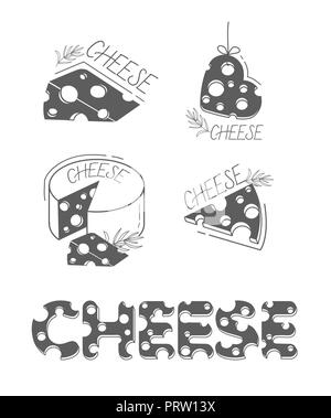 Slices of cheese and the inscription of cheese in a flat style .  Set  of cheese icons, silhouette. black and white illustration Stock Vector