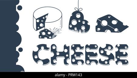 Slices of cheese and the inscription of cheese in a flat style .  Set  of cheese icons, banner. black and white illustration Stock Vector