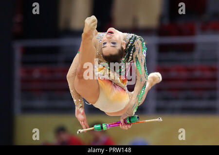 Sofia, Bulgaria - 14 September, 2018: Katsiaryna HALKINA from Belarus performs with clubs during The 2018 Rhythmic Gymnastics World Championships. Ind Stock Photo