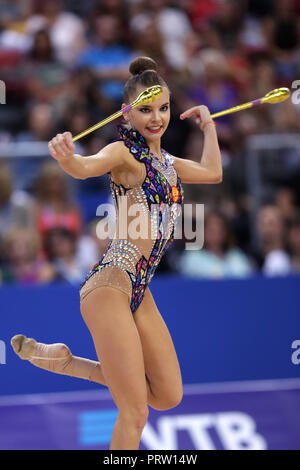 Sofia, Bulgaria - 14 September, 2018: Dina AVERINA from Russia performs with clubs during The 2018 Rhythmic Gymnastics World Championships. Individual Stock Photo