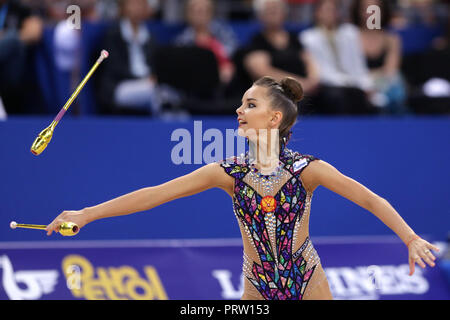 Sofia, Bulgaria - 14 September, 2018: Dina AVERINA from Russia performs with clubs during The 2018 Rhythmic Gymnastics World Championships. Individual Stock Photo