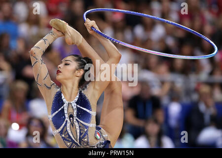 Sofia, Bulgaria - 14 September, 2018:  Alexandra AGIURGIUCULESE from Italy performs with hoop during The 2018 Rhythmic Gymnastics World Championships. Stock Photo