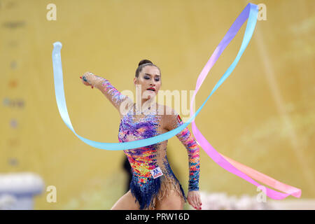 Sofia, Bulgaria - 14 September, 2018: Katsiaryna HALKINA from Belarus performs with ribbon during The 2018 Rhythmic Gymnastics World Championships. In Stock Photo