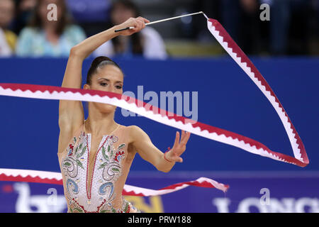 Sofia, Bulgaria - 14 September, 2018: Neviana VLADINOVA from Bulgaria performs with ribbon during The 2018 Rhythmic Gymnastics World Championships. In Stock Photo