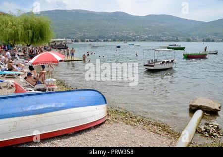 boats and tourists on lake ohrid in ohrid macedonia Stock Photo