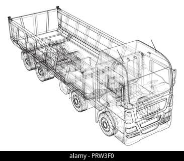 Dump truck isolated. Created illustration of 3d. Wire-frame. Stock Vector