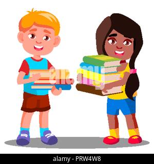 Child Is Carrying A Heavy Pile Of Books Vector. Isolated Illustration Stock Vector