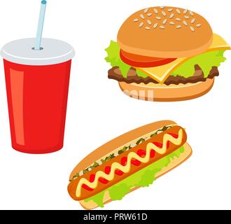 Hamburger, hot dog, cola drink. Takeaway food. Fast food. Stock Vector