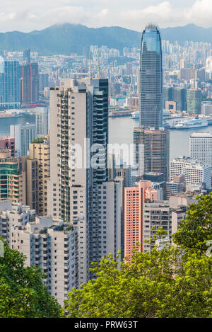 VICTORIA PEAK, HONG KONG - AUGUST 4, 2017 : View from Victoria Peak toward Victoria Harbour Stock Photo