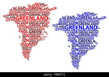 Sketch Greenland letter text map, Greenland - in the shape of the continent, Map Greenland (island of Kingdom of Denmark) - red and blue vector illust Stock Vector