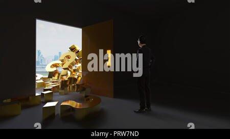 Businessman stand in front of a bunch of question marks fell in from the exit door from outside . Mixed media . Stock Photo