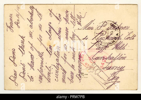 Reverse of WW1 (Great War) era postcard that has been censored, postmarked 18 Dec 1916, with a stamp that reads 'passed field censor' posted from France Stock Photo