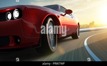Closeup front and low angle view of a generic red brandless American muscle car in a city street road  with motion blur . Transportation concept . 3D  Stock Photo