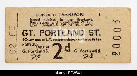 Vintage 1950s London Underground Ticket - Great Portland Street Station Stock Photo